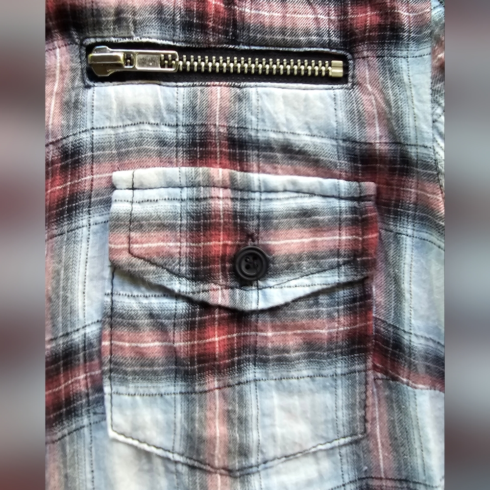 Primevil Skull & Crossbones Embroidered Plaid Button Up Flannel - Picture 4 of 6